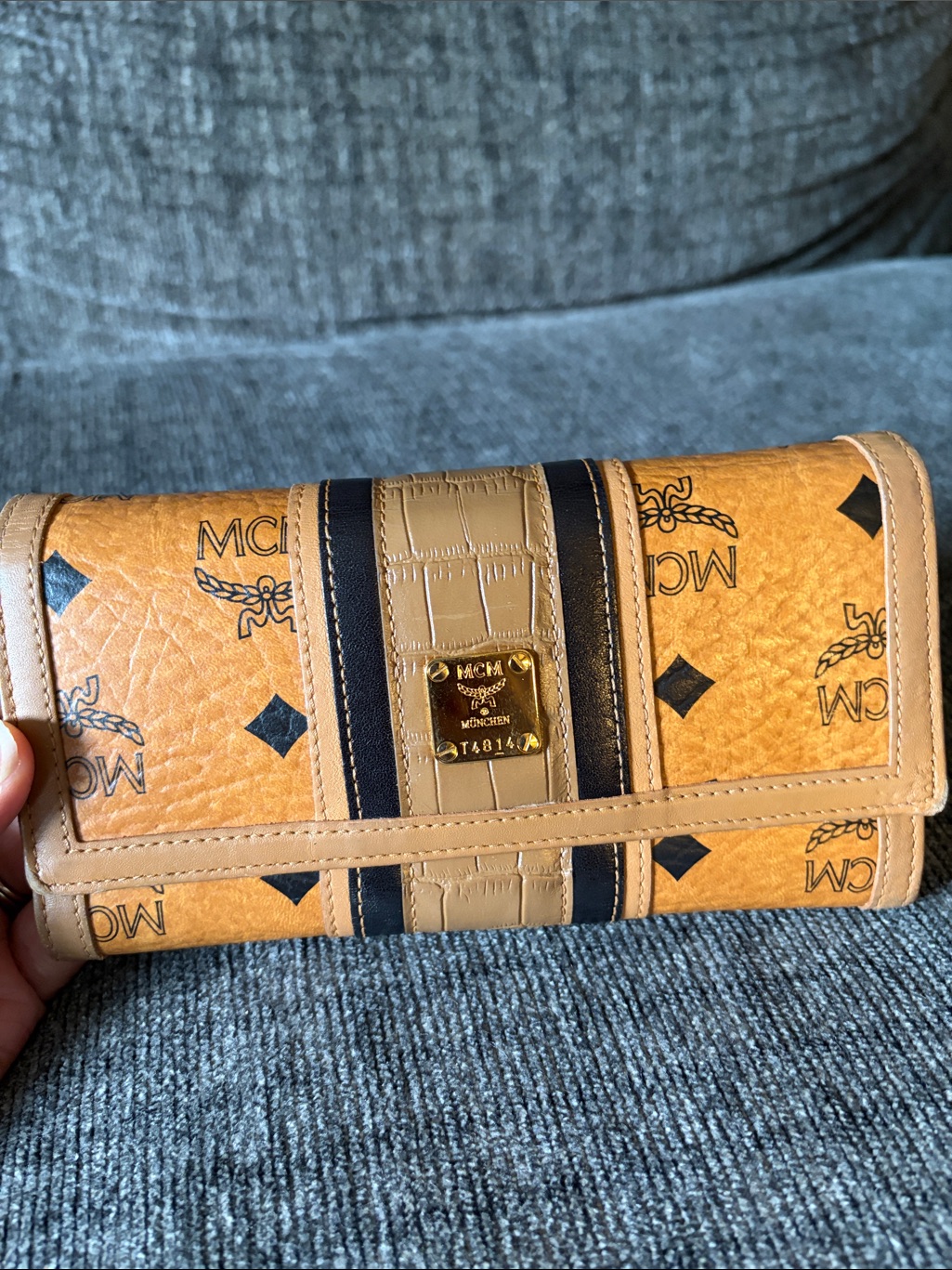 Mcm Cognac Logo Continental Wallet With Black Stripes And Croc Panel